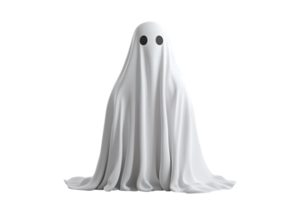 White ghost figure draped in fabric on a transparent background, Halloween spooky theme for graphic design, social media posts and seasonal designs.