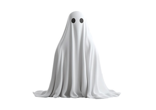 White ghost figure draped in fabric on a transparent background, Halloween spooky theme for graphic design, social media posts and seasonal designs.