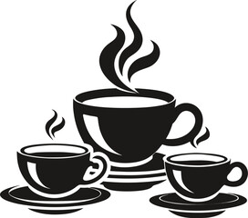Stylized Steaming Coffee Cups Set – Black & White Beverage Vector Clipart