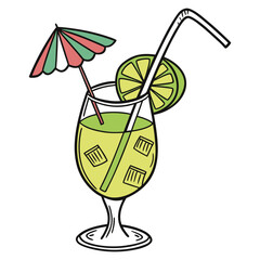 Refreshing lime cocktail with ice and umbrella drink straw