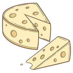 Yellow cheese wheel with slice and holes dairy food