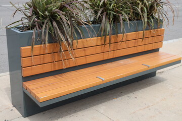 planter box with bench filled with large leafy purple green bushes