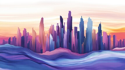 Colorful city skyline over textured landscape.