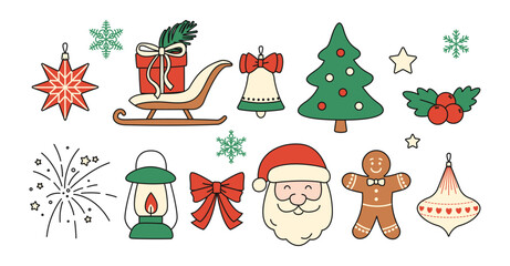 Happy New Year, Merry Christmas. Winter festive symbols and design elements. Winter sleigh, Gift, Christmas bell, Christmas tree, Holly, Fireworks, Lantern, Santa Claus, Bow, Gingerbread man, Christma