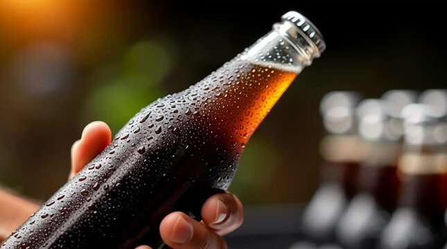 Hand holding a cold glass bottle of soda with condensation, surrounded by ice cubes and other bottles, evoking refreshment and enjoyment in a summer setting