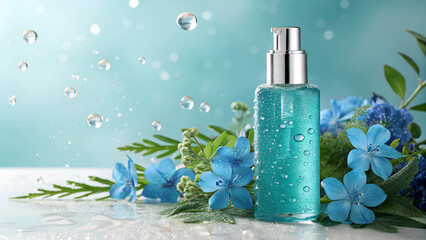Serene essence featuring a sleek serum bottle adorned with water droplets, complemented by vibrant blue flowers and a calming aqua backdrop.