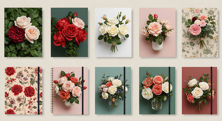 A collection of floral-themed notebook covers, showcasing various rose bouquets and patterns.