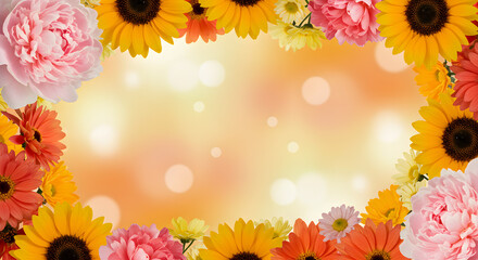 Fototapeta premium Colorful flower arrangement forms a vibrant frame around a soft, warm background.