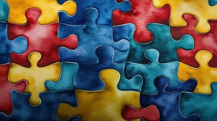 Watercolor puzzle pieces in vibrant colors, close-up view