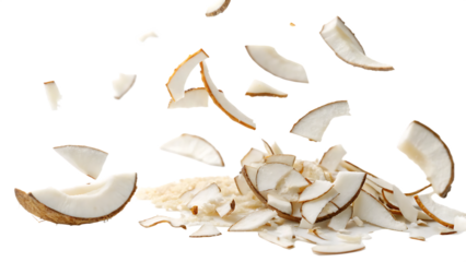 Flying falling dry coconut flakes isolated on a white background PNG. AI GENERATED.