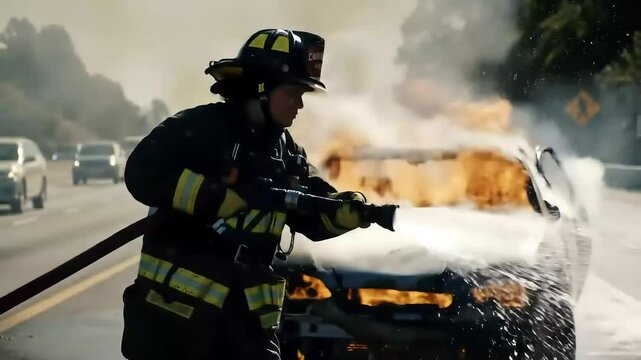 Firefighter sprays car with water on highway, extinguishing flames in rescue scenario