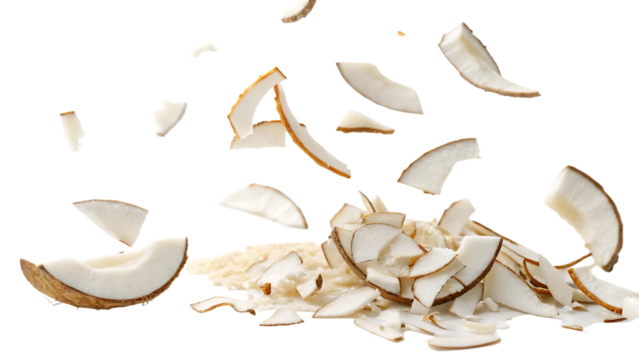 Flying falling dry coconut flakes isolated on a white background PNG. AI GENERATED.