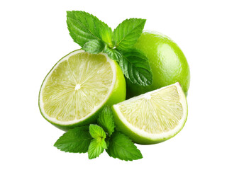 Fresh limes and mint leaves isolated on black background, Isolated On Transparent Background, Png