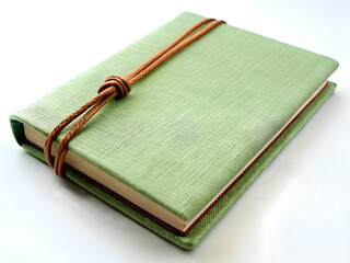Pale green textured notebook with brown cord on wooden table