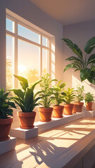 Fototapeta premium A row of vibrant potted plants on a sunny windowsill with beams of light creating soft reflections on the pots