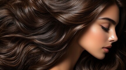 Woman with voluminous, wavy brown hair, profile view.  Beautiful, healthy hair.  Soft lighting on face