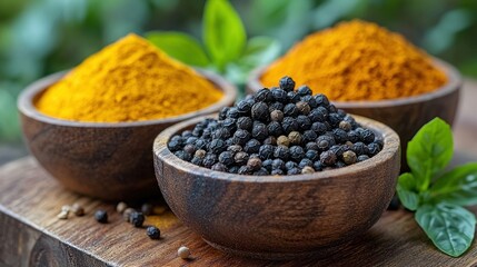 Wooden bowls of spices turmeric, peppercorns, and another spice