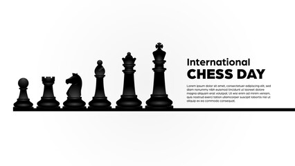 International chess day background illustration - realistic vector design of chess pieces, king, queen, bishop, knight, rook, and pawn with copy space for replacement text