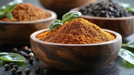 Wooden bowls of spices, including a pile of reddish-orange powder, black peppercorns, and a hint of basil