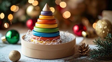 Wooden stacking rings toy in a gift box, Christmas theme