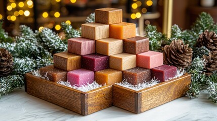 Wooden pyramid of colorful, cubed sweets, atop a wooden tray.  Christmas-themed, with pine sprigs and pine cones