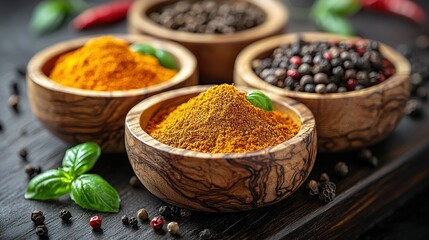 Wooden bowls of colorful spices