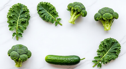 Healthy Green Vegetables Broccoli, Kale, and Cucumber