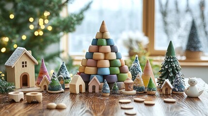 Wooden Christmas village scene with a colorful layered Christmas tree