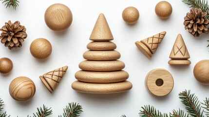 Wooden toys, shapes, and pine cones on white background.  Christmas aesthetic