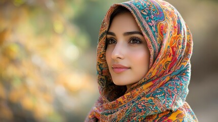 Young woman in colorful hijab, thoughtful gaze