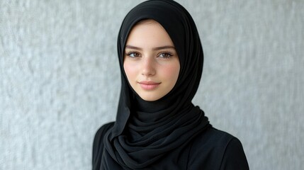 Young woman in a black hijab, smiling gently