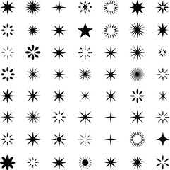 A collection of diverse star shapes and ornaments in black and white on a plain white background