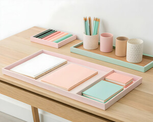 Organized workspace top view light wood desk with pastel stationary