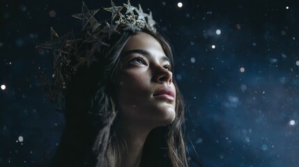 A woman wearing a crown of stars, looking up at the night sky, representing dreams and aspirations