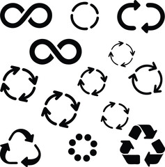 Collection of black and white recycling arrows and infinity symbols on white background