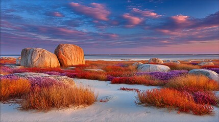 Serene Coastal Sunset: Vibrant Autumn Hues and Granite Rocks