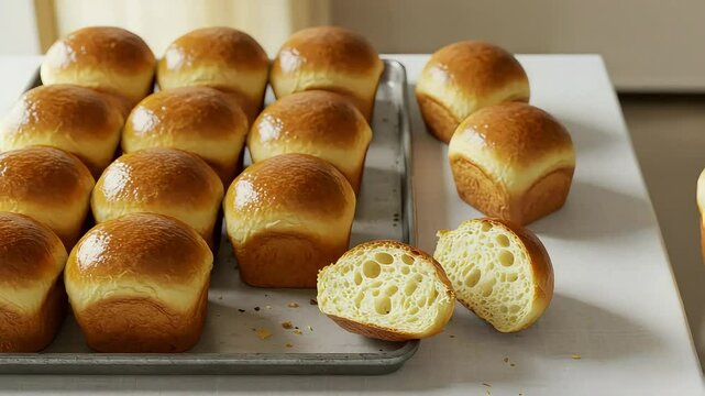 Rows Of Baked Golden Brown Rolls With One Cut Open On A White Table And Metallic Tray