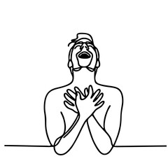 Audacity — handsome man in elegant theatrical pose expressing admiration and joyful surprise: minimalist single-line black drawing One line art.