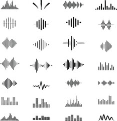 Collection of black and white audio waveforms sound waves equalizers music symbols and icons