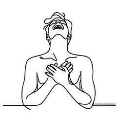 Audacity — handsome man in elegant theatrical pose expressing admiration and joyful surprise: minimalist single-line black drawing One line art.
