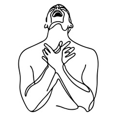 Audacity — handsome man in elegant theatrical pose expressing admiration and joyful surprise: minimalist single-line black drawing One line art.