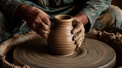 hands of a potter, creating an earthen jar on the circle, no logos, no brands