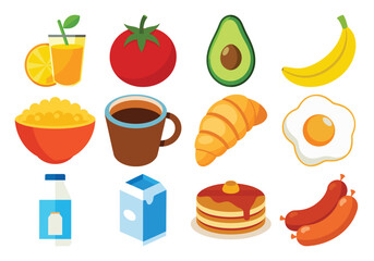 A colorful  vactors of various breakfast foods, including juice, fruits, banana, milk, eagg and pastries on a white background.