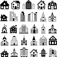 Collection of vectorized black and white buildings and church architectural icons