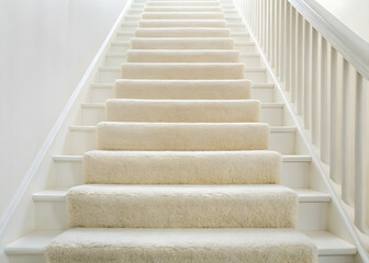 Off-white fluffy carpet on a white staircase minimal interior