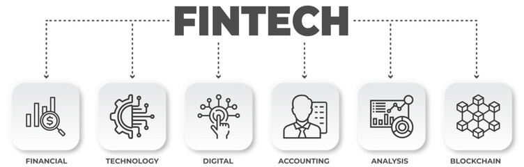 Fintech solutions and innovation in finance, technology, and digital economy represented with financial icons