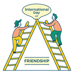 Two Cartoon Men Climbing Yellow Ladders Meeting at International Day of Friendship