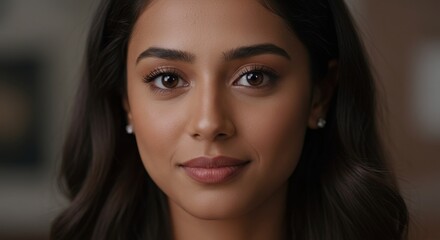 Obraz premium Woman with Dark Hair and Brown Eyes - Close up portrait of a young woman with long dark hair and brown eyes, looking directly at the camera