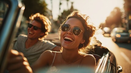 Happy young couple having enjoying summer vacation on convertible car. Man and woman laughing while driving a cabriolet auto outdoors. Travel and holidays concept. Soft focus on woman. : Generative A