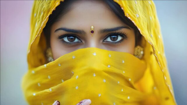 An Indian woman wearing traditional attire, including a vibrant yellow sari and accessories, showcasing cultural beauty.